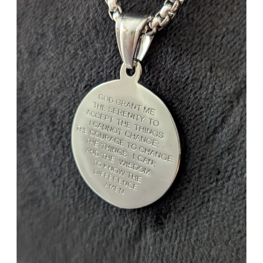 Ample Ecce Homo Christ Crown of Thorns Serenity Prayer Necklace Stainless Steel
